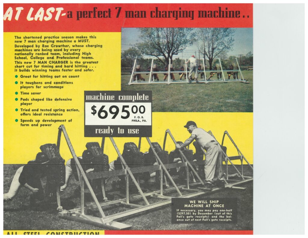 11252025080741-page-00001 Vintage football ad showing the 7-man charging machine used for power and tackling drills, highlighting innovation by RAE Crowther Company.