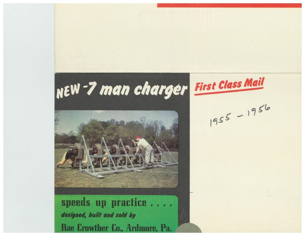 11252025080839-page-00001 Vintage Rae Crowther Co. photo showing the new 7-Man Charger football training machine in use, speeding up practice drills during the 1955–1956 era.