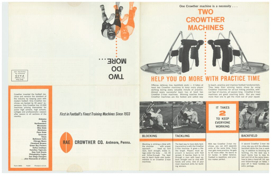 11252025080928-page-00001 Vintage football training ad showcasing Crowther machines helping teams improve blocking and tackling drills, by RAE Crowther Company.