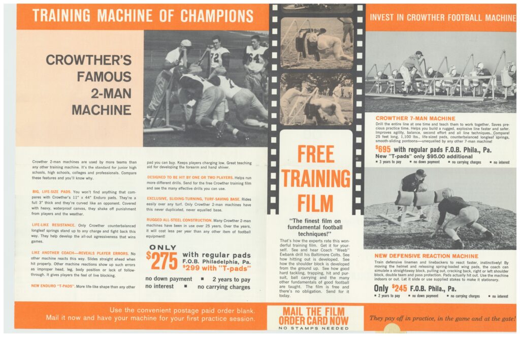 11252025080946-page-00001 Vintage Rae Crowther Company ad promoting Crowther football training machines, including the famous 2-Man and 7-Man systems used by championship teams.