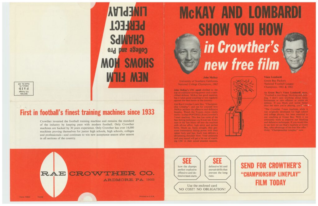 11252025081016-page-00001 Vintage Rae Crowther Co. brochure featuring McKay and Lombardi, showcasing championship lineplay and the finest training machines since 1933.