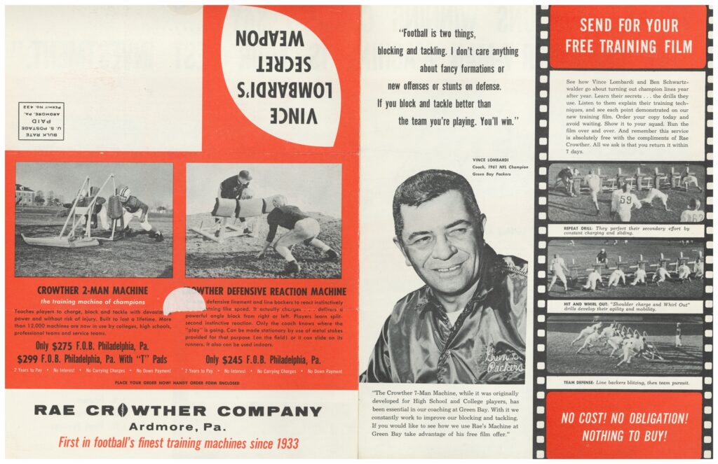11252025081103-page-00001 Vintage Rae Crowther Company spread featuring Crowther football training machines, coaching philosophy, and champion endorsements highlighting blocking and tackling excellence.
