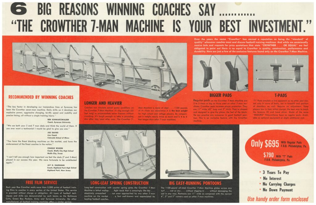 11252025081120-page-00001 Vintage Rae Crowther ad showcasing the Crowther 7-Man football blocking machine, highlighting durability, coaching endorsements, and classic training innovation.