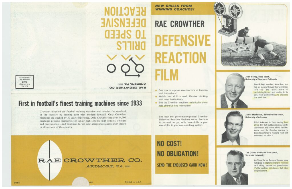 11252025081247-page-00001 Vintage Rae Crowther Co. Defensive Reaction Film brochure highlighting football training machines and coaching drills used since 1933.