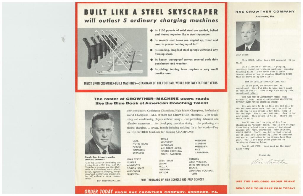 11252025081359-page-00001 Vintage Rae Crowther Company ad highlighting the Crowther 7-Man football charging machine, built like a steel skyscraper and trusted by champion teams.