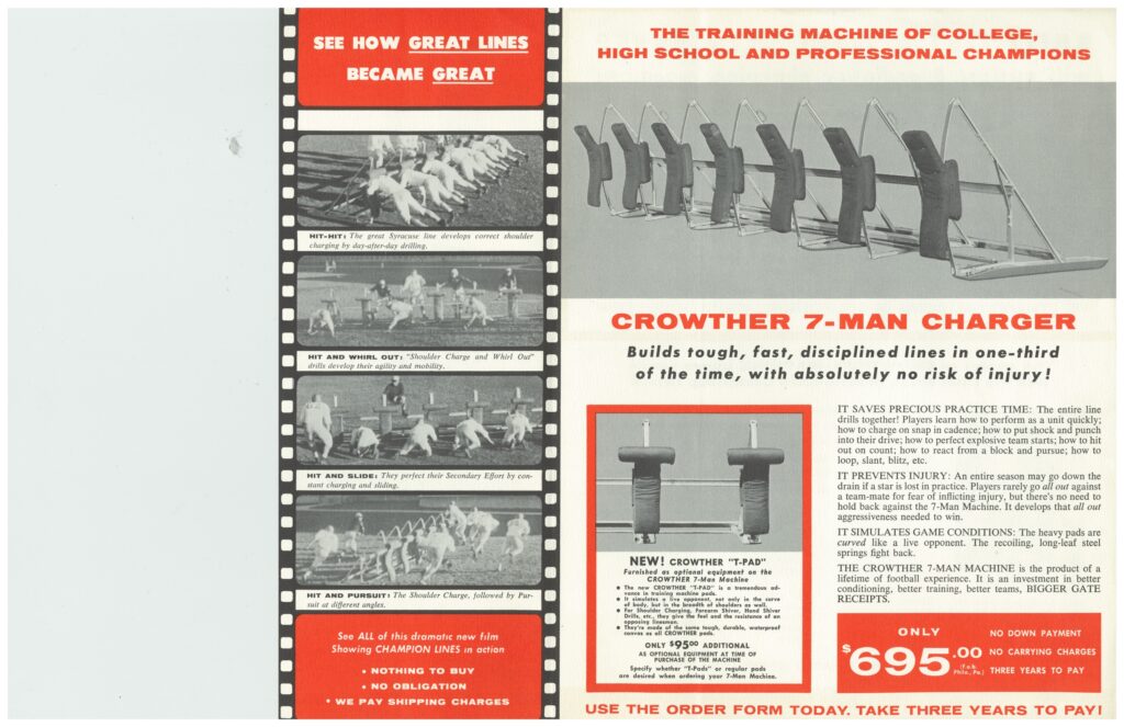11252025081416-page-00001 Vintage Rae Crowther advertisement showcasing the Crowther 7-Man Charger football blocking machine used by college, high school, and pro champions.